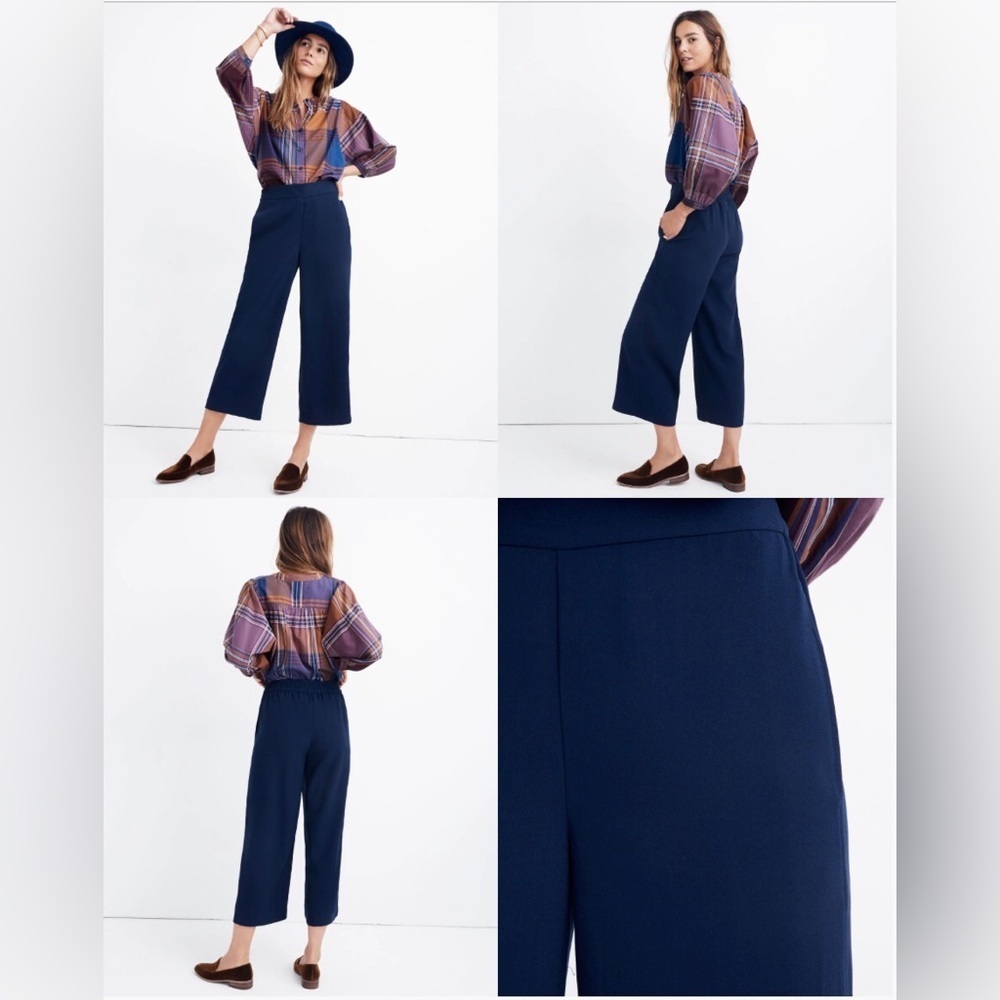 Madewell Huston Pull-On Pants Navy Crepe Wide-Leg Elastic Waistband Cropped S
